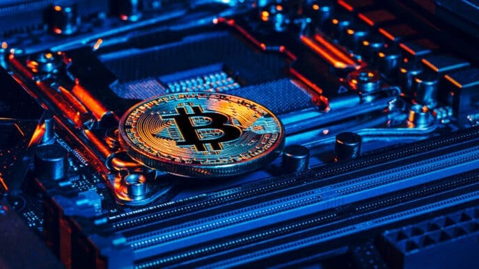 A gold Bitcoin coin rests on a computer motherboard, illuminated by blue and orange neon lights, symbolizing the intersection of cryptocurrency and advanced technology.