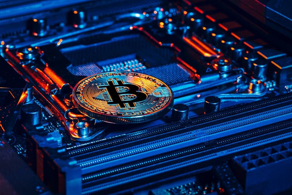A gold Bitcoin coin rests on a computer motherboard, illuminated by blue and orange neon lights, symbolizing the intersection of cryptocurrency and advanced technology.