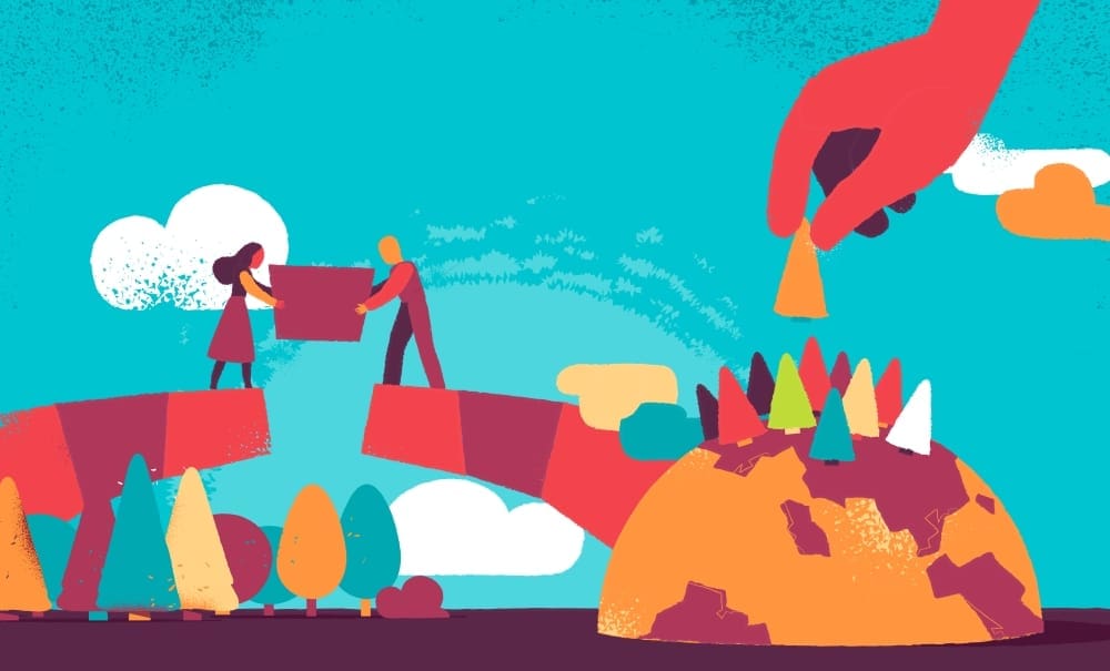 A vibrant illustration of two people building a bridge across a gap, with a giant hand placing a small triangle on a nearby orange dome covered in colorful trees, symbolizing the collaborative effort to build a sustainable future.