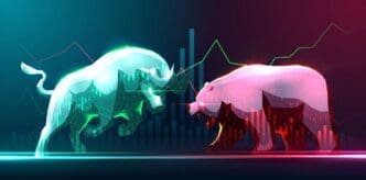 A digital illustration of a green bull and a red bear facing each other, symbolizing opposing market forces, with stock charts in the background.