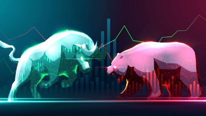 A digital illustration of a green bull and a red bear facing each other, symbolizing opposing market forces, with stock charts in the background.
