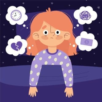 A cartoon illustration of a young person lying in bed at night with tired, worried eyes, surrounded by thought bubbles containing symbols of common anxieties: a clock, tangled lines, a broken heart, and a dollar bill, symbolizing an anxious mind before sleep.