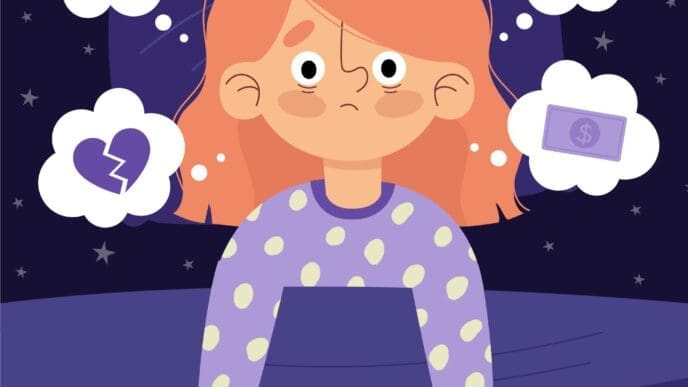 A cartoon illustration of a young person lying in bed at night with tired, worried eyes, surrounded by thought bubbles containing symbols of common anxieties: a clock, tangled lines, a broken heart, and a dollar bill, symbolizing an anxious mind before sleep.
