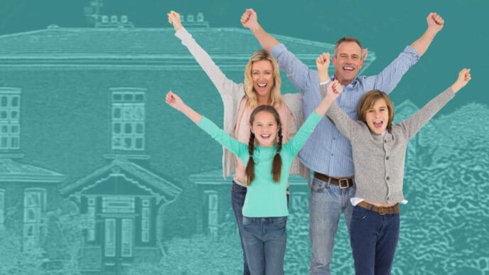 A cheerful family of four (parents and two children) with arms raised in excitement, superimposed over a faded teal outline of a house, symbolizing generational wealth and homeownership.