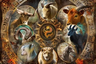 A complex astrological collage featuring various animal zodiac signs (bulls, goats, horse, lion, dragon) in circular frames, with ancient symbols on a textured background.