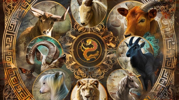 A complex astrological collage featuring various animal zodiac signs (bulls, goats, horse, lion, dragon) in circular frames, with ancient symbols on a textured background.