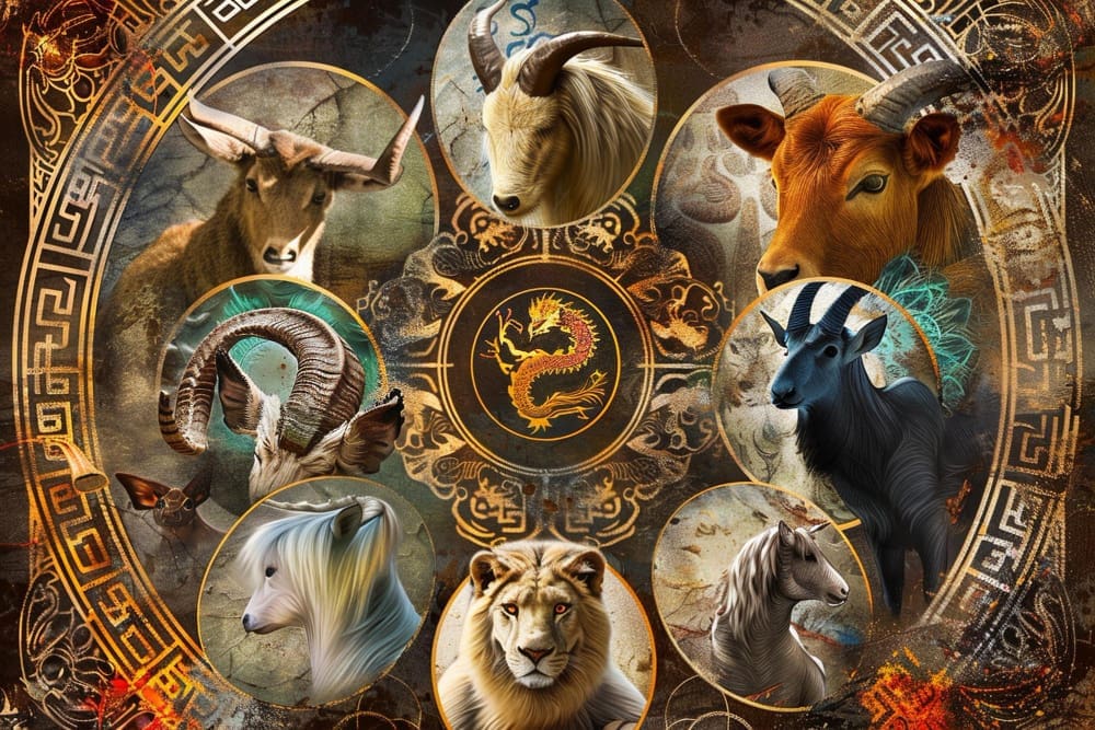 A complex astrological collage featuring various animal zodiac signs (bulls, goats, horse, lion, dragon) in circular frames, with ancient symbols on a textured background.