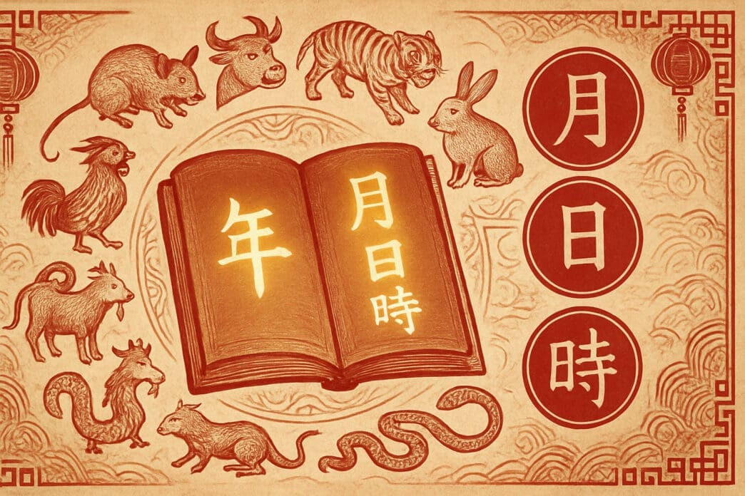 An illustration depicting the twelve Chinese zodiac animals surrounding an open book with Chinese characters for 'Year', 'Month', 'Day', and 'Hour'.