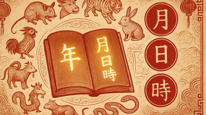 An illustration depicting the twelve Chinese zodiac animals surrounding an open book with Chinese characters for 'Year', 'Month', 'Day', and 'Hour'.