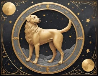 A golden illustration of a dog, symbolizing the Chinese zodiac sign, within an ornate circular frame against a starry night sky.