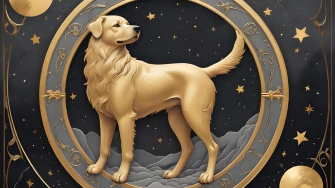 A golden illustration of a dog, symbolizing the Chinese zodiac sign, within an ornate circular frame against a starry night sky.