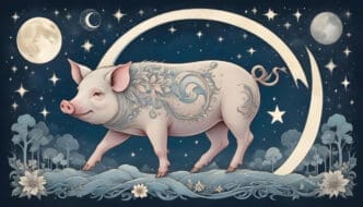 A stylized illustration of a pig with intricate patterns, under a crescent moon and stars, representing the Chinese zodiac sign.
