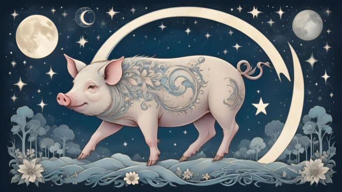 A stylized illustration of a pig with intricate patterns, under a crescent moon and stars, representing the Chinese zodiac sign.