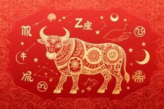 A detailed golden illustration of an ox (bull) with ornate patterns, surrounded by Chinese characters and celestial symbols, on a red background.