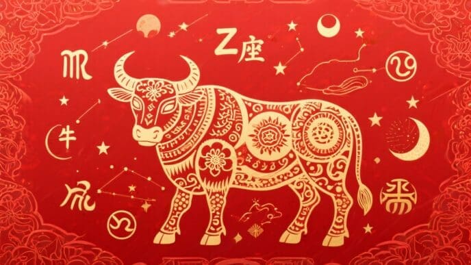 A detailed golden illustration of an ox (bull) with ornate patterns, surrounded by Chinese characters and celestial symbols, on a red background.