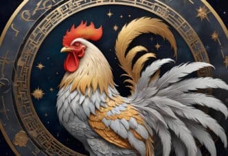 A majestic rooster with white and golden feathers, red comb, set against a dark blue background with a golden Chinese zodiac circle and stars.
