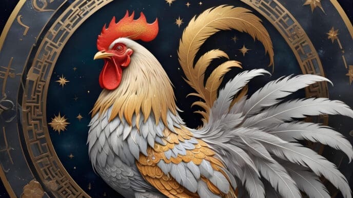 A majestic rooster with white and golden feathers, red comb, set against a dark blue background with a golden Chinese zodiac circle and stars.