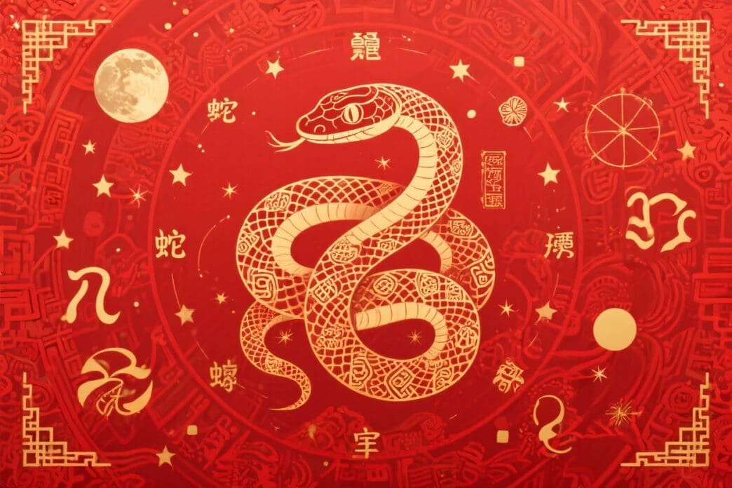 A detailed golden illustration of a snake intertwined with Chinese characters and symbols, on a rich red background with a full moon.