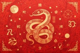 A detailed golden illustration of a snake intertwined with Chinese characters and symbols, on a rich red background with a full moon.