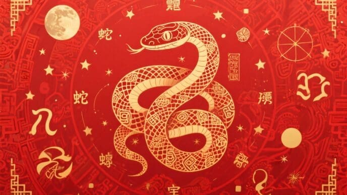 A detailed golden illustration of a snake intertwined with Chinese characters and symbols, on a rich red background with a full moon.