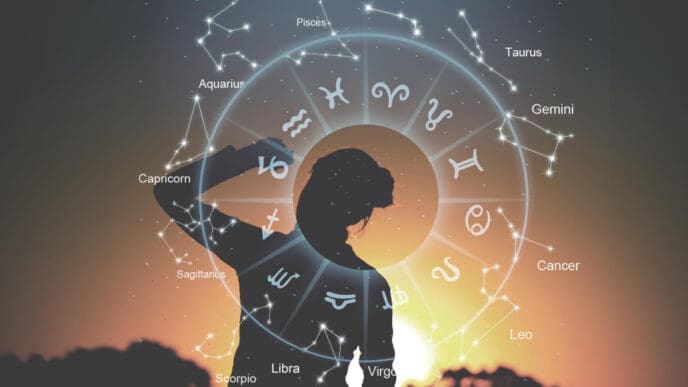 A silhouette of a person standing with one hand behind their head, overlaid with a luminous astrological chart featuring zodiac symbols and constellations, against a warm sunset or sunrise sky.
