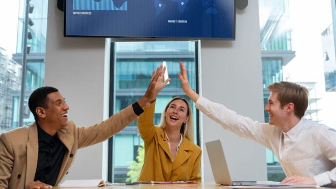 Three smiling diverse business professionals, two men and one woman, give each other high-fives across a table in a modern meeting room with a large screen displaying charts and a map.