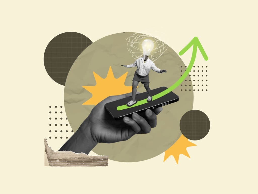A creative collage featuring a figure with a lightbulb for a head balancing on a smartphone, held by a hand, with a green upward-pointing arrow.