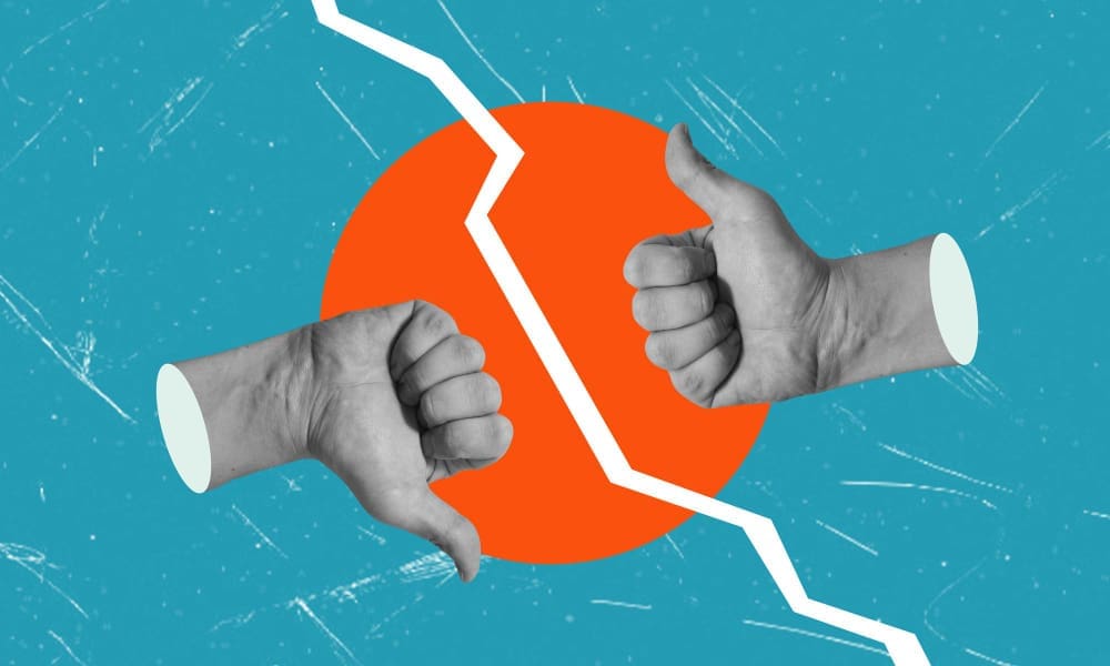 A graphic illustration of two opposing hands, one with a thumbs-down and the other with a thumbs-up, separated by a jagged white line.