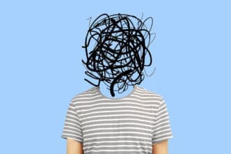 A person's body with a black, messy scribble instead of a head, against a light blue background, symbolizing confused thoughts.