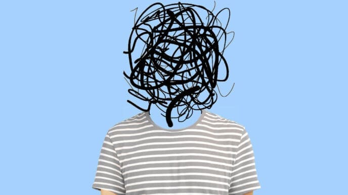 A person's body with a black, messy scribble instead of a head, against a light blue background, symbolizing confused thoughts.