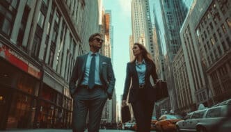 A confident businessman and businesswoman walking on a city street lined with tall buildings, carrying briefcases.