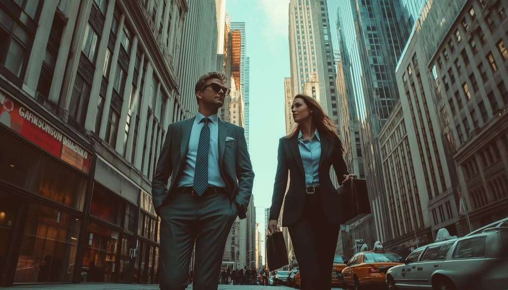 A confident businessman and businesswoman walking on a city street lined with tall buildings, carrying briefcases.