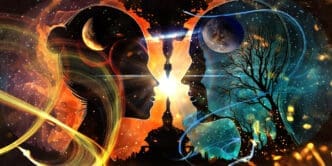 A vibrant, cosmic illustration of two silhouetted human profiles facing each other, with celestial bodies and swirling light, symbolizing connection.