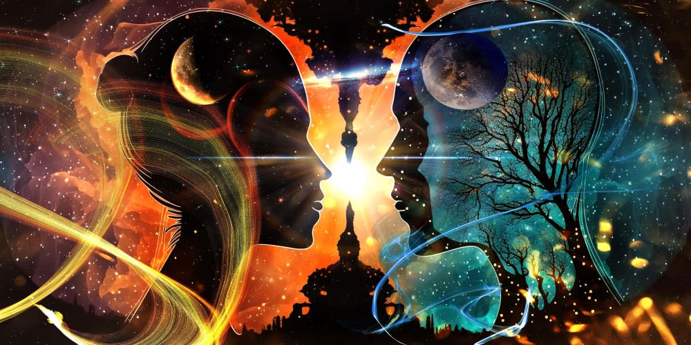A vibrant, cosmic illustration of two silhouetted human profiles facing each other, with celestial bodies and swirling light, symbolizing connection.