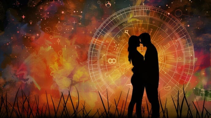 Silhouettes of a couple embracing in front of a glowing astrological birth chart, set against a vibrant, fiery cosmic background with grass in the foreground.