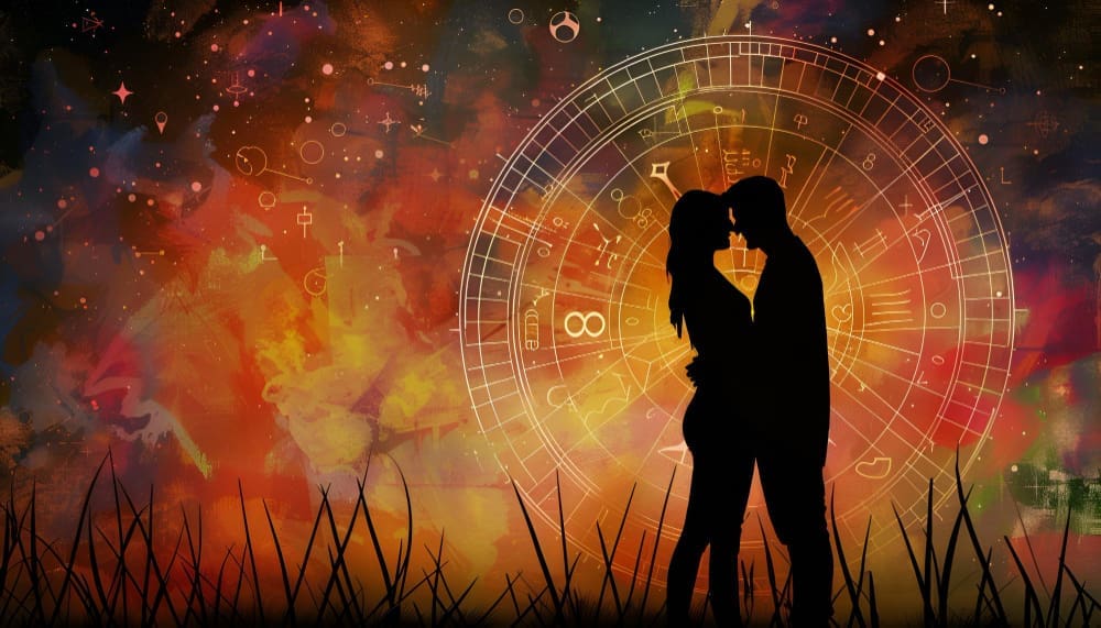 Silhouettes of a couple embracing in front of a glowing astrological birth chart, set against a vibrant, fiery cosmic background with grass in the foreground.