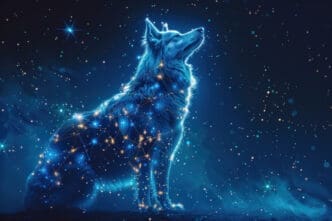 A mystical, glowing blue wolf or dog, with constellations and stars projected onto its fur, looking up at a dark starry sky.