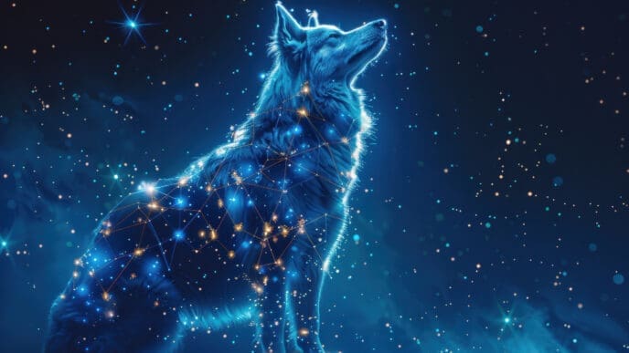 A mystical, glowing blue wolf or dog, with constellations and stars projected onto its fur, looking up at a dark starry sky.