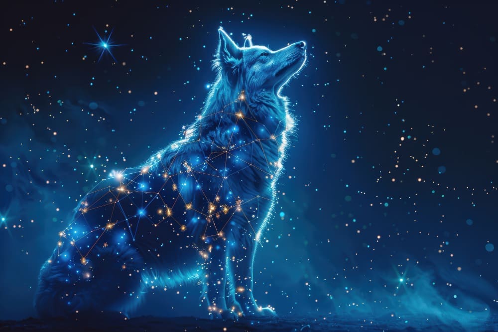 A mystical, glowing blue wolf or dog, with constellations and stars projected onto its fur, looking up at a dark starry sky.