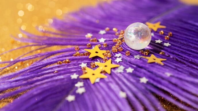 A close-up shot of a vibrant purple feather adorned with golden star confetti, tiny golden beads, and white glitter stars, with a clear iridescent sphere resting on it, all against a blurred golden glitter background.