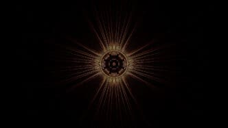 A mesmerizing golden-brown starburst pattern with thin, radiating lines emanating from a detailed circular center, against a deep black background, evoking cosmic or spiritual imagery.