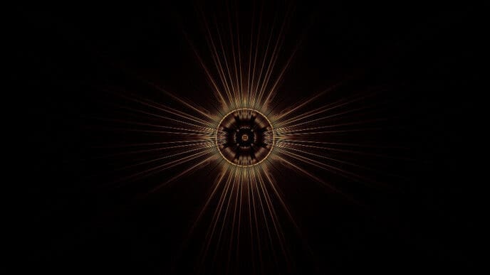 A mesmerizing golden-brown starburst pattern with thin, radiating lines emanating from a detailed circular center, against a deep black background, evoking cosmic or spiritual imagery.