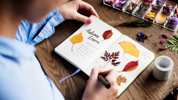 A person in a blue shirt writes in a nature journal filled with pressed autumn leaves and handwritten notes, with a clear organizer box of dried flowers and washi tape on a wooden table beside them.