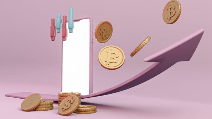A 3D rendering showing a white smartphone with cryptocurrency and traditional currency coins around its base. A large pink upward-curving arrow signifies growth, with candlestick indicators floating above, all on a pink background.