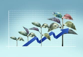 A financial graph showing an upward-trending blue arrow with various world currencies (dollars, euros, yuan) attached like leaves to vertical lines, symbolizing growth.