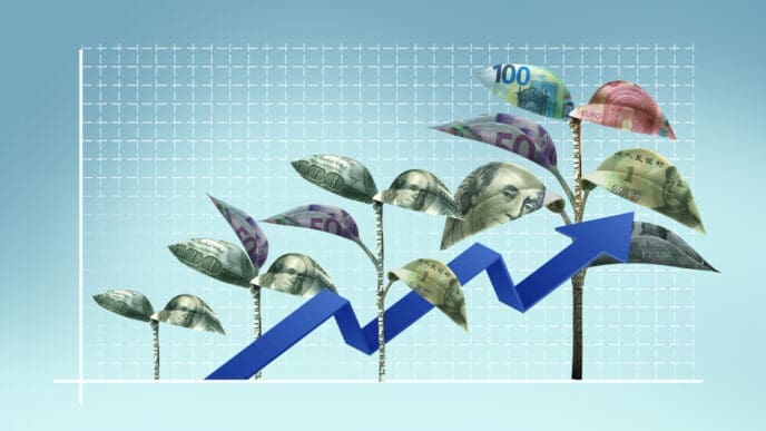 A financial graph showing an upward-trending blue arrow with various world currencies (dollars, euros, yuan) attached like leaves to vertical lines, symbolizing growth.