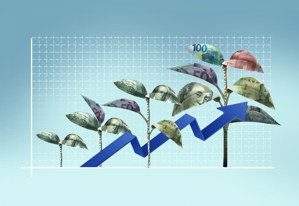 A financial graph showing an upward-trending blue arrow with various world currencies (dollars, euros, yuan) attached like leaves to vertical lines, symbolizing growth.