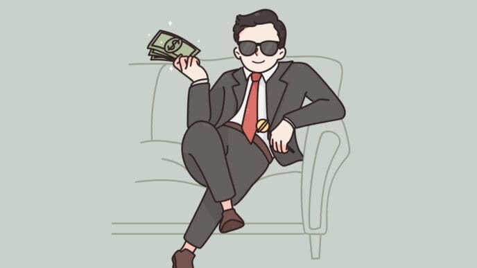 Illustration of a smiling man in a suit and sunglasses, holding a wad of money and sitting casually on a couch.