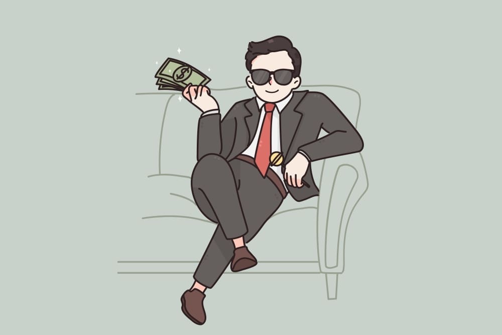 Illustration of a smiling man in a suit and sunglasses, holding a wad of money and sitting casually on a couch.