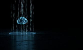 A glowing, polygonal artificial brain being projected upwards by blue digital light beams from a circular platform on a dark, futuristic surface.